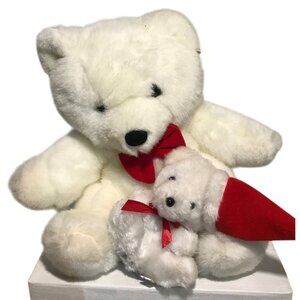 Parkdale Novelty White Teddy Bear Red Bow + Small White Bear with Santa Hat